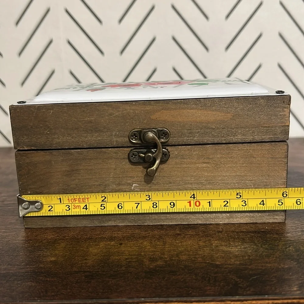 Wooden Trinket Jewelry Storage Box Floral Enamel Tin Top Metal Clasp Closure